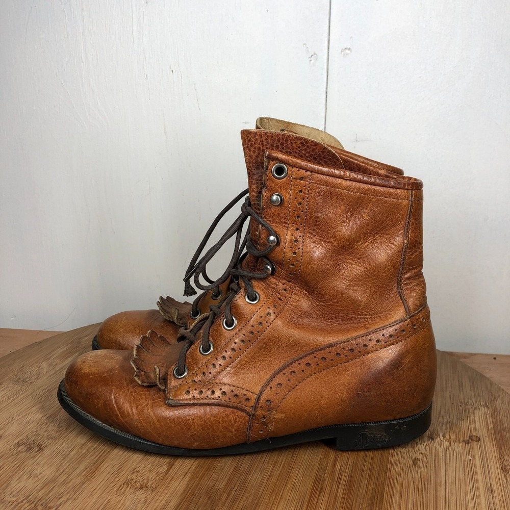 Vintage Justin Womens 6 shoes Kiltie Brown Leather Fringe Western Classic boots
